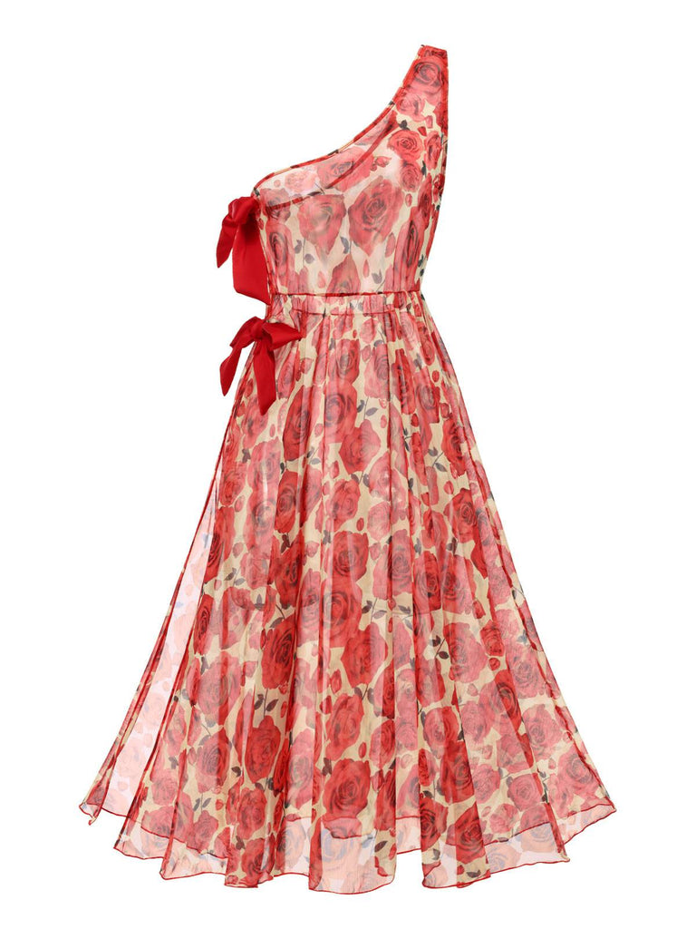 Copricostume monospalla con rose rosso anni '60