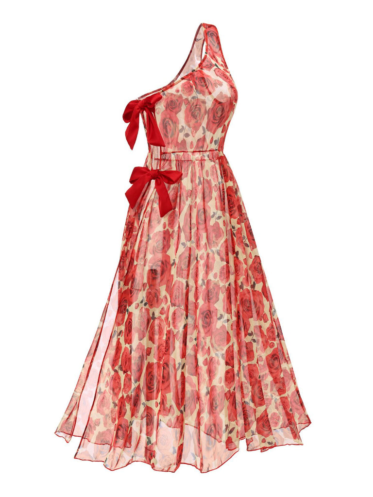 Copricostume monospalla con rose rosso anni '60