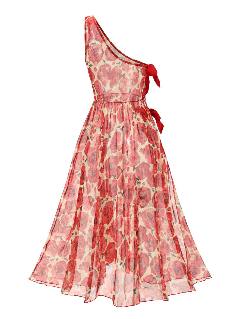 Copricostume monospalla con rose rosso anni '60