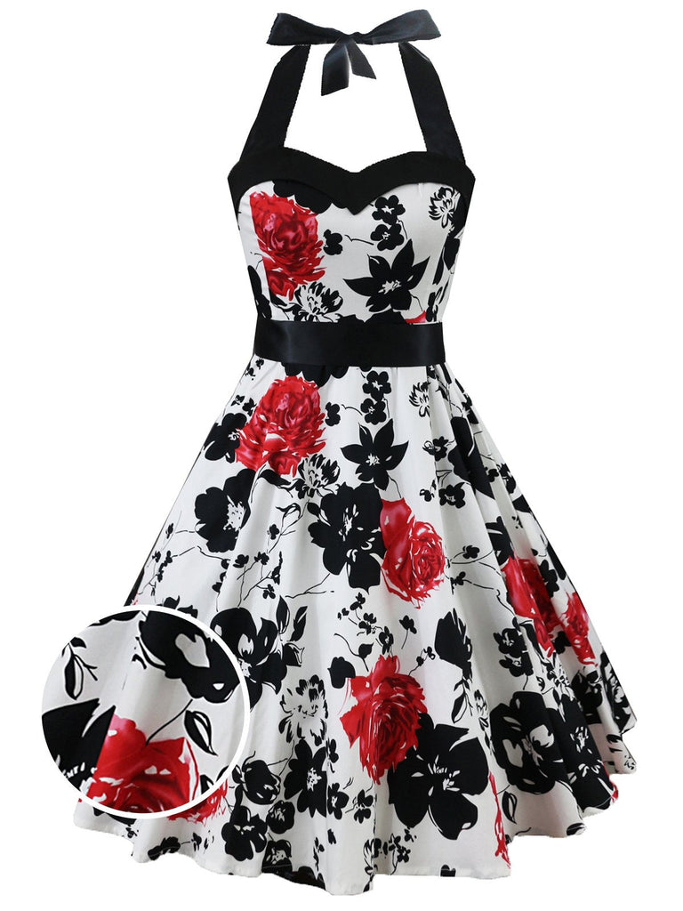 Abito a ruota floreale con scollo all'americana bianco anni '50