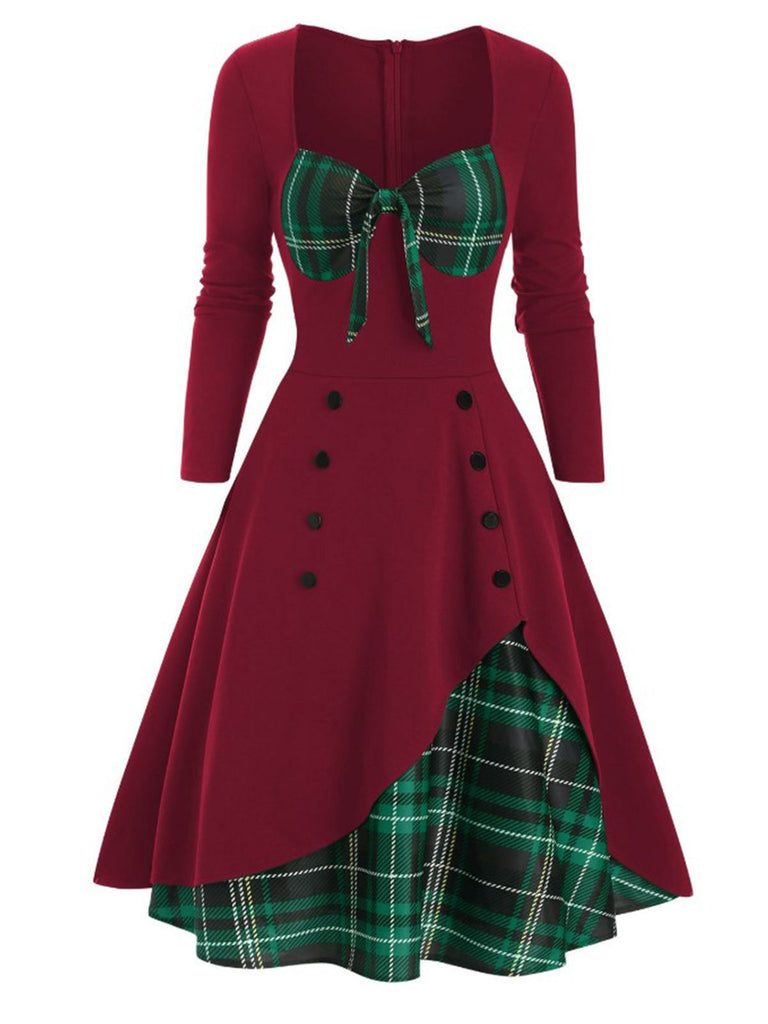 Abito a quadri con scollo a cuore patchwork anni '50