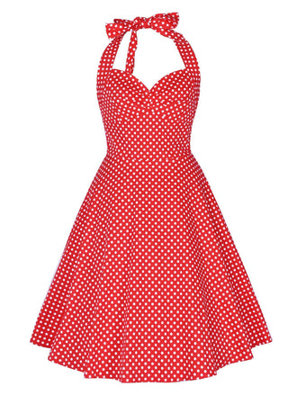 Abito a ruota a pois con scollo all'americana rosso anni '50