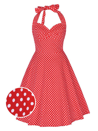 Abito a ruota a pois con scollo all'americana rosso anni '50