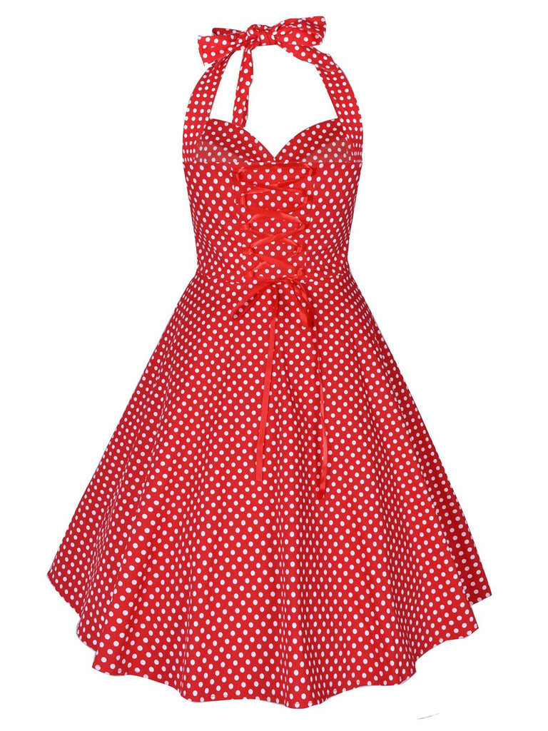 Abito a ruota a pois con scollo all'americana nero anni '50