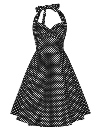 Abito a ruota a pois con scollo all'americana nero anni '50