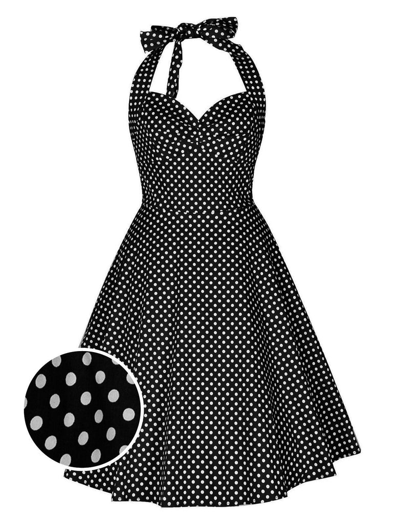 Abito a ruota a pois con scollo all'americana nero anni '50