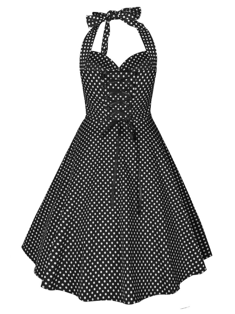 Abito a ruota a pois con scollo all'americana nero anni '50