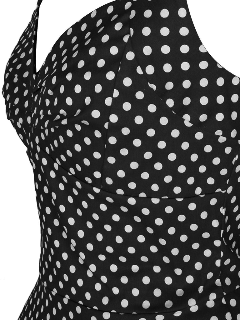 Abito a ruota a pois con scollo all'americana nero anni '50