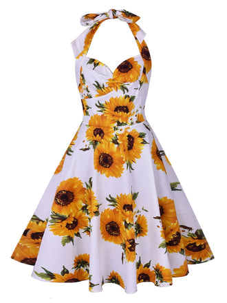 Abito a ruota con girasole bianco anni '50