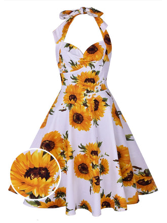 Abito a ruota con girasole bianco anni '50
