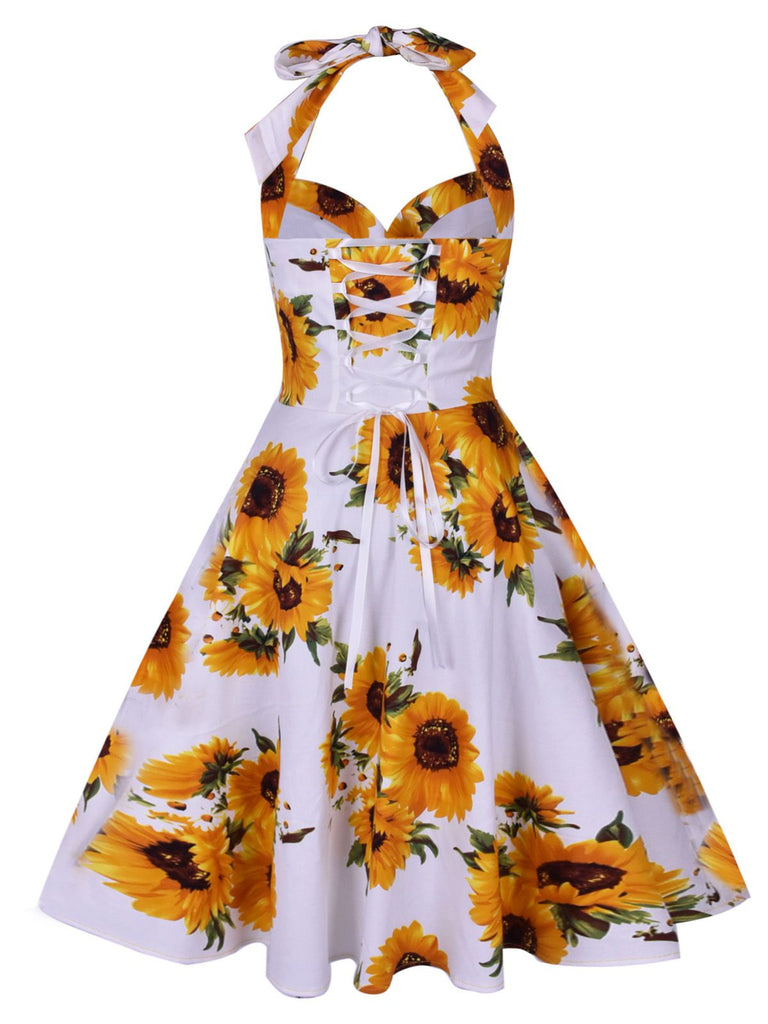Abito a ruota con girasole bianco anni '50