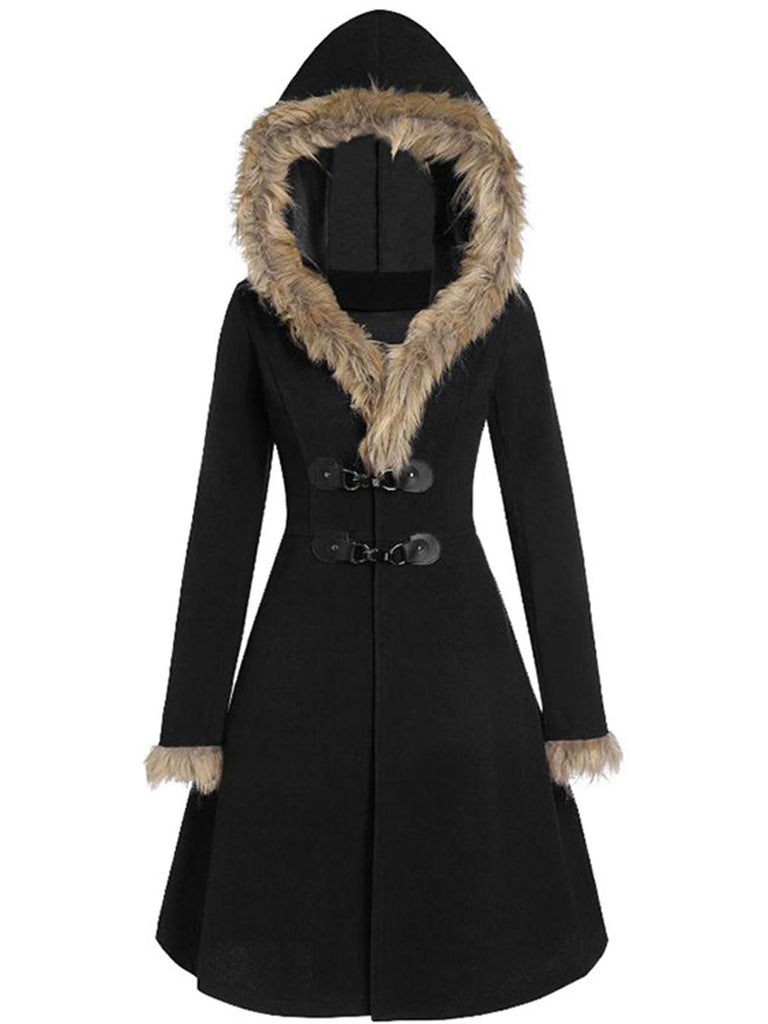 Cappotto con fibbia solida e rifiniture in pelliccia anni '50