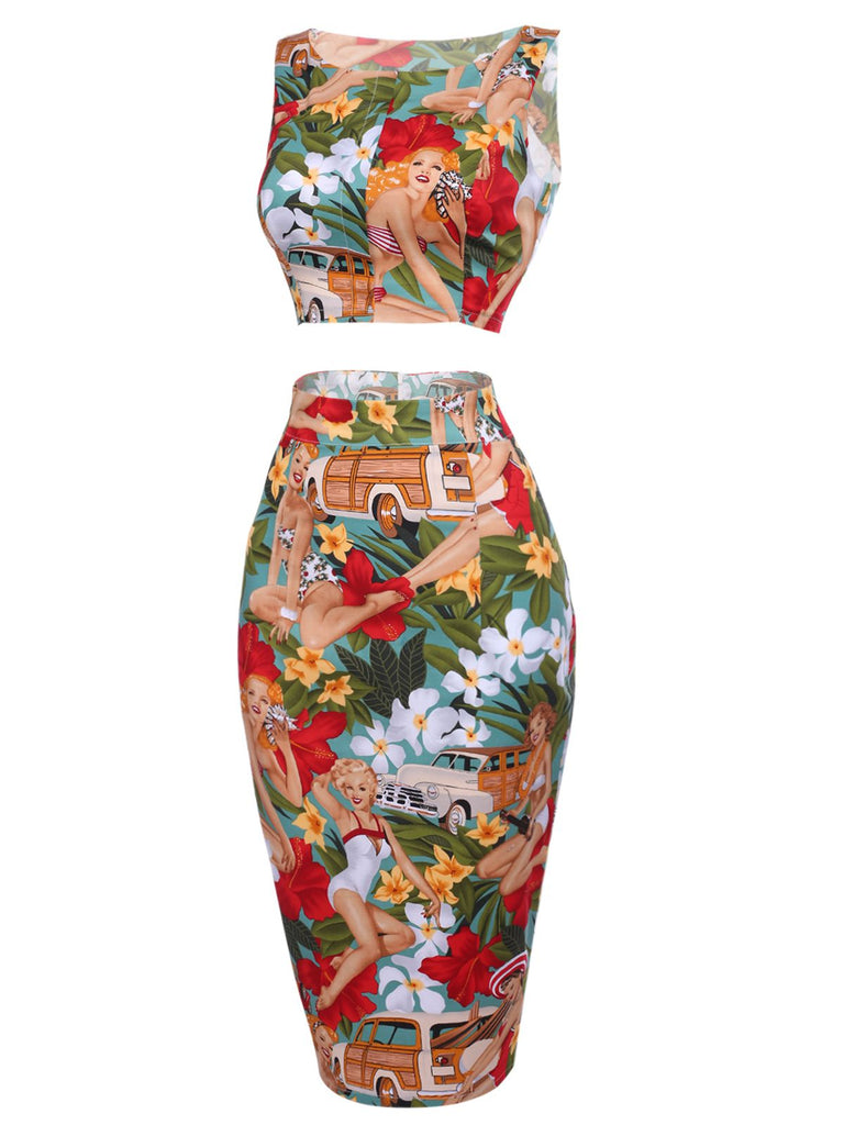 2PCS Top corta e gonna a tubino da donna retrò anni '60