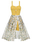 Tuta corta e gonna floreale bianco giallo anni '50