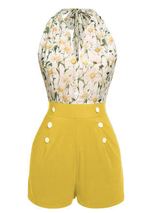 Tuta corta floreale con lacci e bottoni anni '50