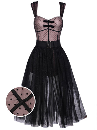 2PCS Abito a pois in pizzo fiocco spalline anni '50