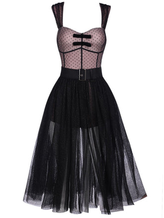 2PCS Abito a pois in pizzo fiocco spalline anni '50