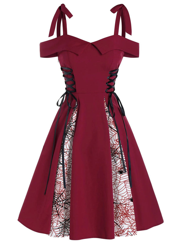 Abito con lacci e fiocco patchwork rosso anni '50