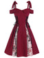 Abito con lacci e fiocco patchwork rosso anni '50