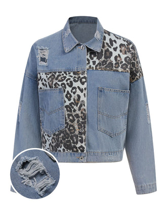 Giacca leopardata in denim patchwork blu anni '80