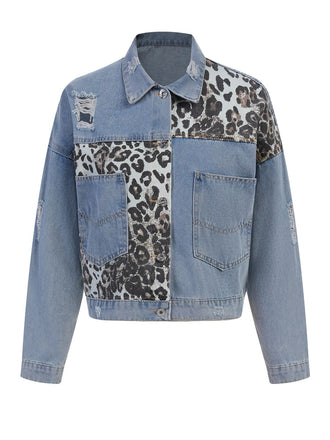 Giacca leopardata in denim patchwork blu anni '80