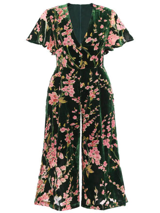 [Taglia Forti] Tuta lunga floreale in velluto verde anni '30