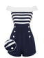 Tuta corta a righe spalle scoperte patchwork blu navy anni '50