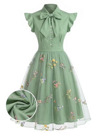 Abito vintage patchwork floreale in rete verde anni '50
