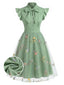 Abito vintage patchwork floreale in rete verde anni '50