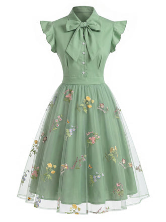 Abito vintage patchwork floreale in rete verde anni '50