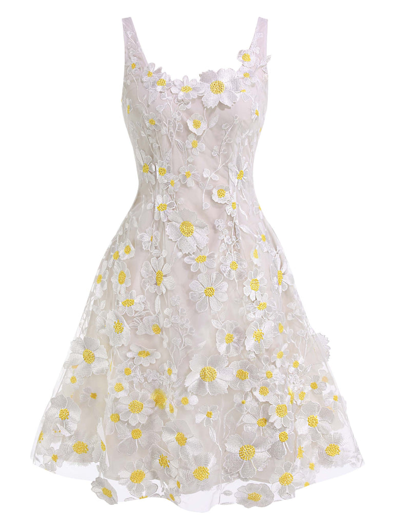 Abito con margherite 3D bianco anni '50