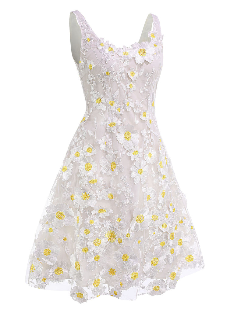 Abito con margherite 3D bianco anni '50