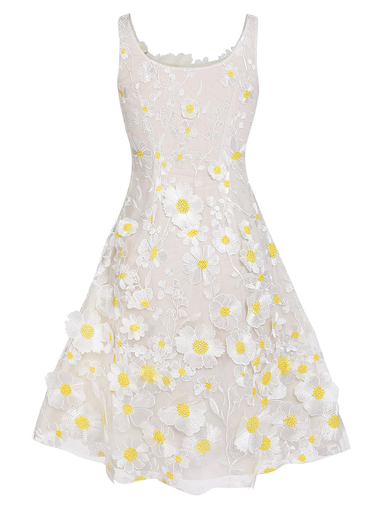 Abito con margherite 3D bianco anni '50