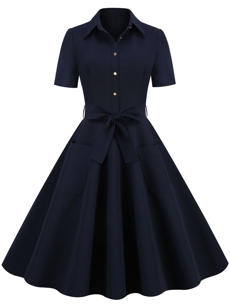 Abito a ruota con cintura in tinta unita blu navy anni '50