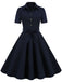 Abito a ruota con cintura in tinta unita blu navy anni '50