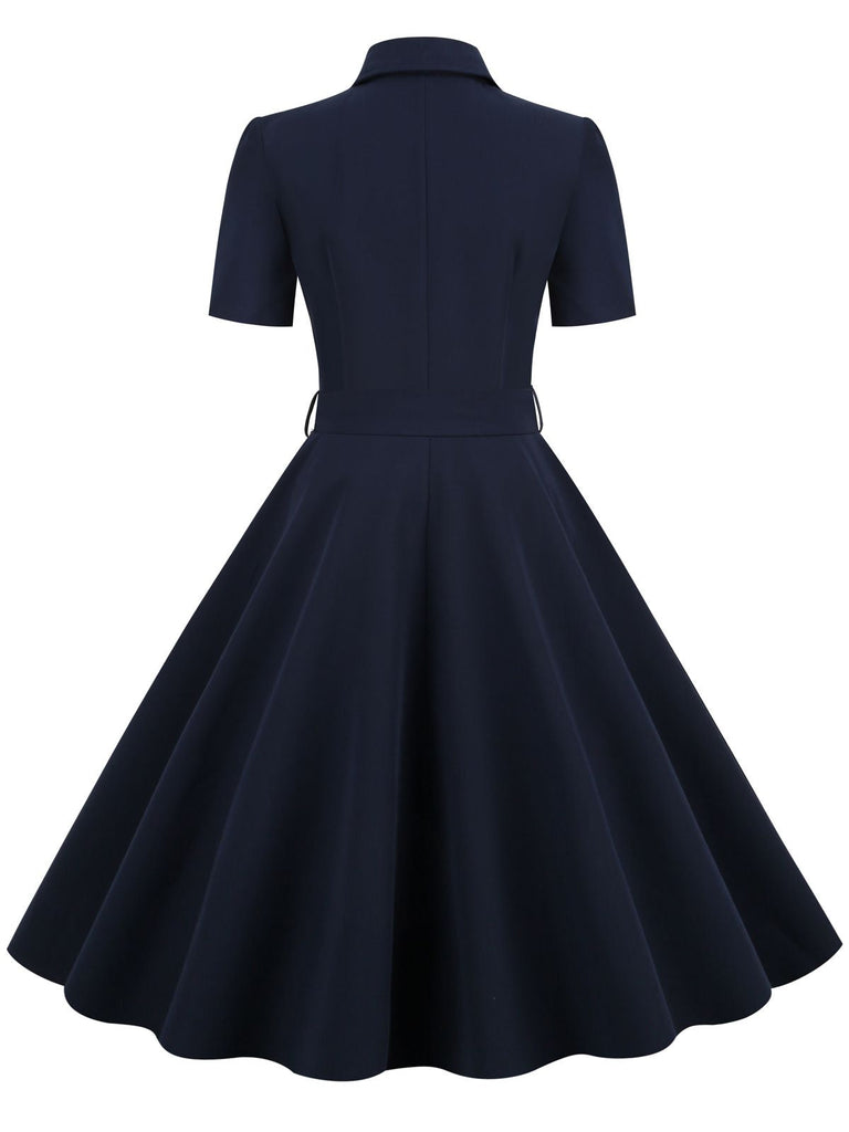 Abito a ruota con cintura in tinta unita blu navy anni '50