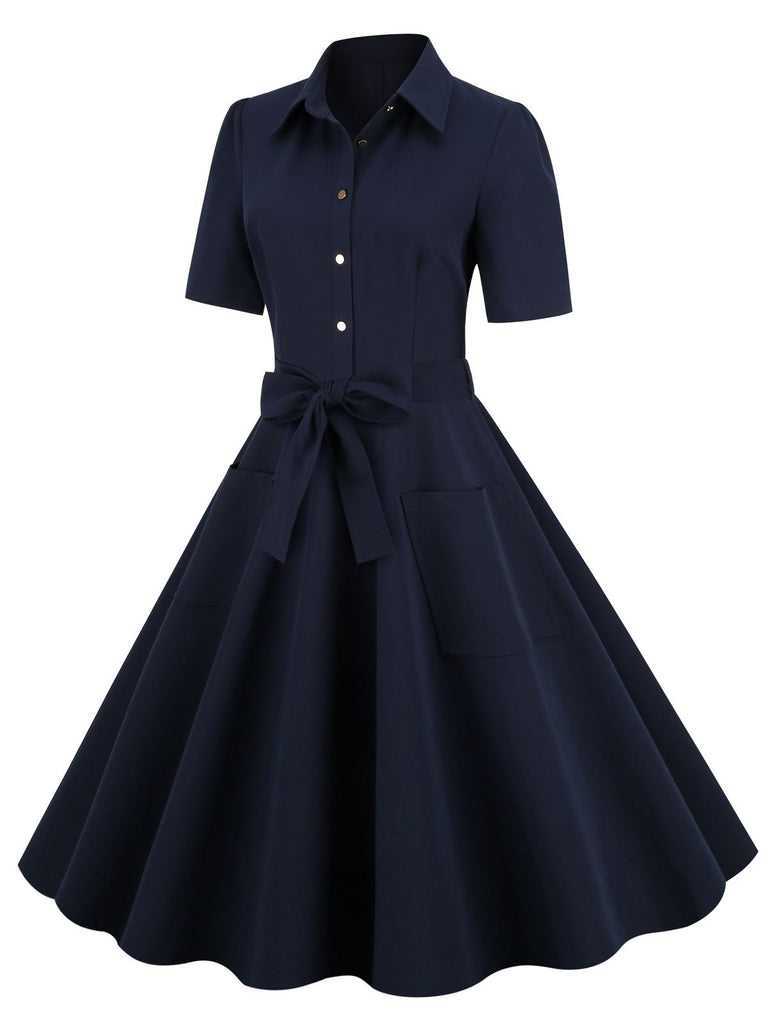 Abito a ruota con cintura in tinta unita blu navy anni '50