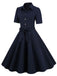 Abito a ruota con cintura in tinta unita blu navy anni '50