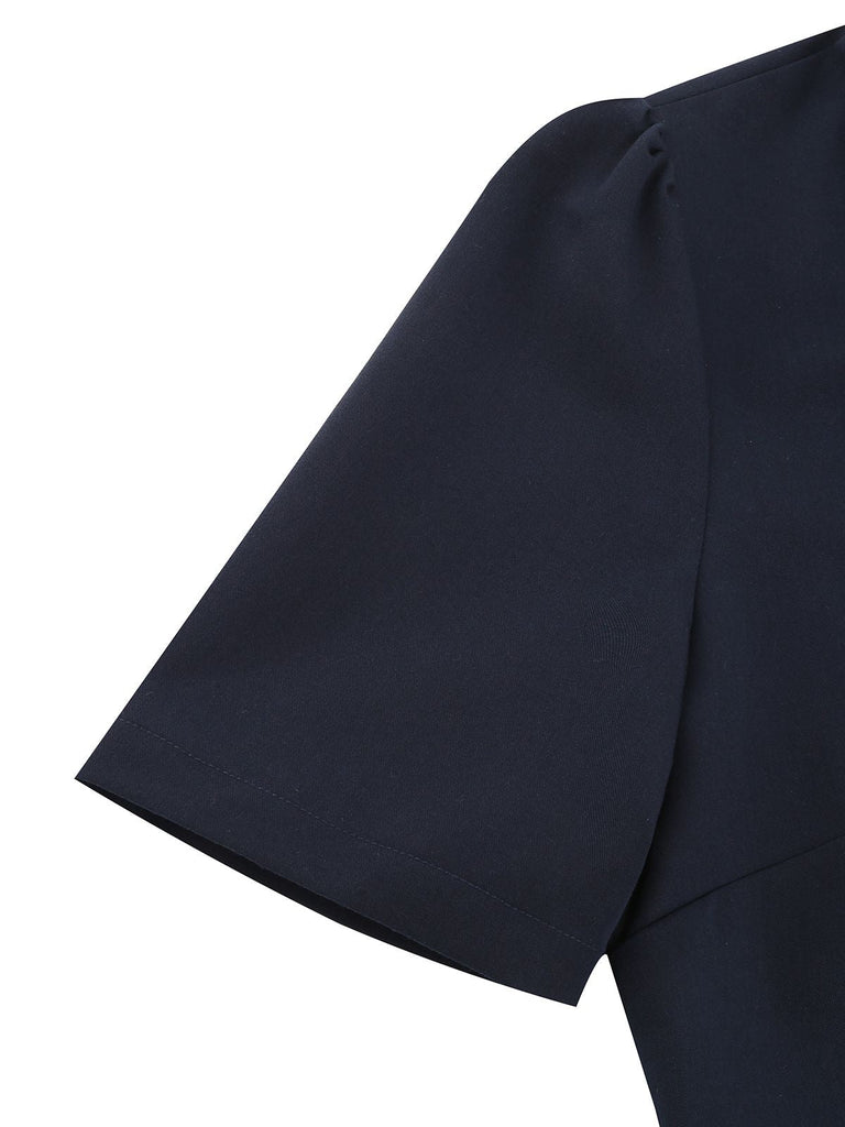 Abito a ruota con cintura in tinta unita blu navy anni '50