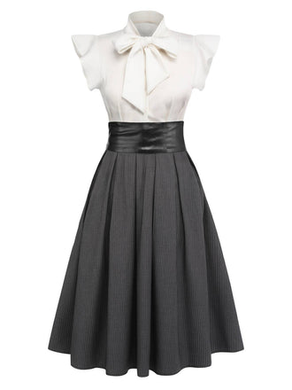 Abito a ruota lacci fiocco plissettato bianco e grigio anni '50