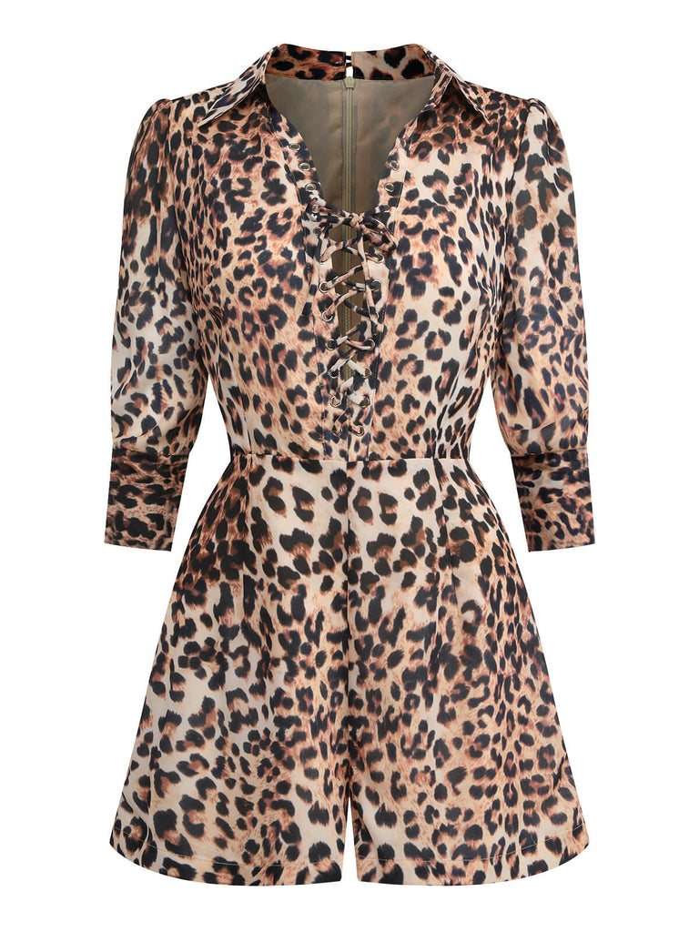 2PCS Tuta corta con revers leopardo e gonna cachi anni '50