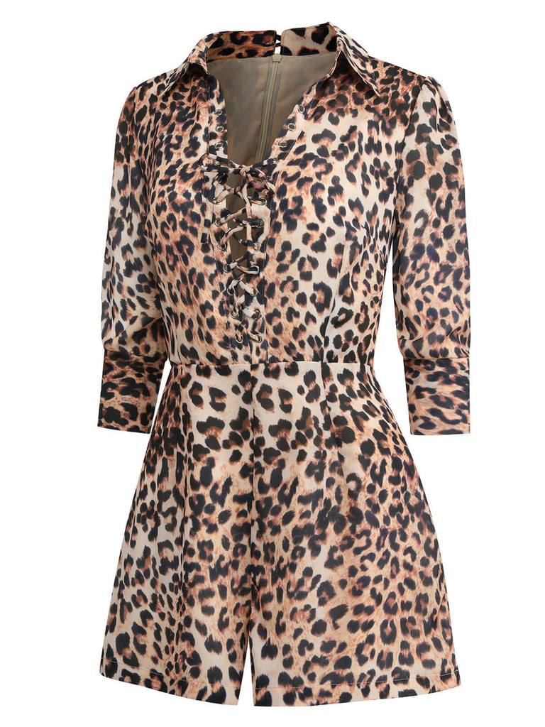 2PCS Tuta corta con revers leopardo e gonna cachi anni '50