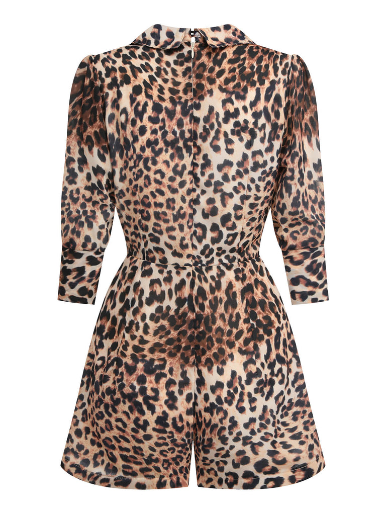 2PCS Tuta corta con revers leopardo e gonna cachi anni '50