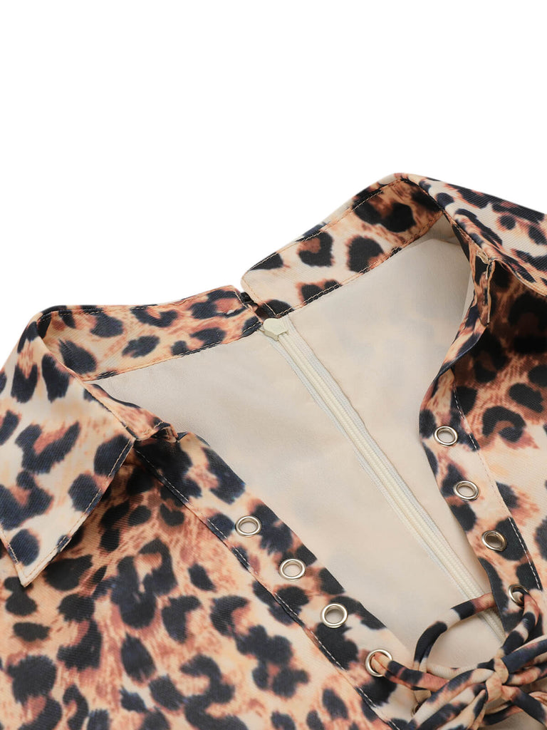 2PCS Tuta corta con revers leopardo e gonna cachi anni '50
