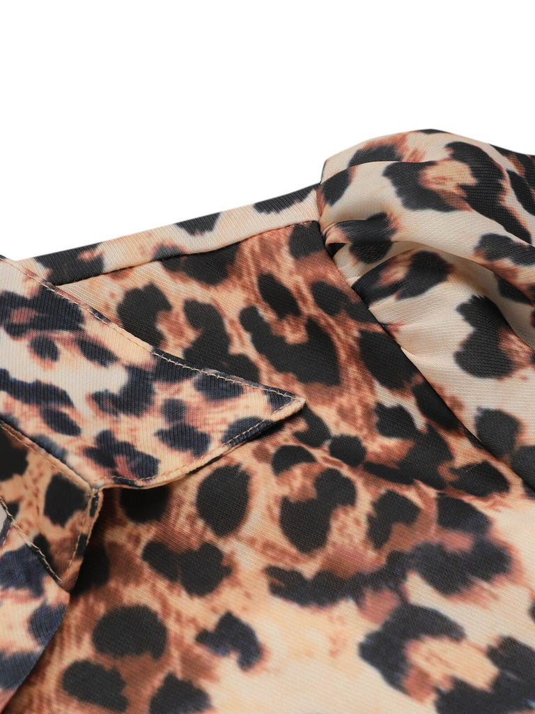 2PCS Tuta corta con revers leopardo e gonna cachi anni '50