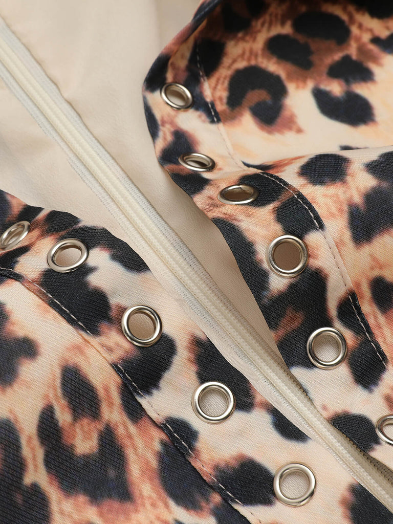 2PCS Tuta corta con revers leopardo e gonna cachi anni '50