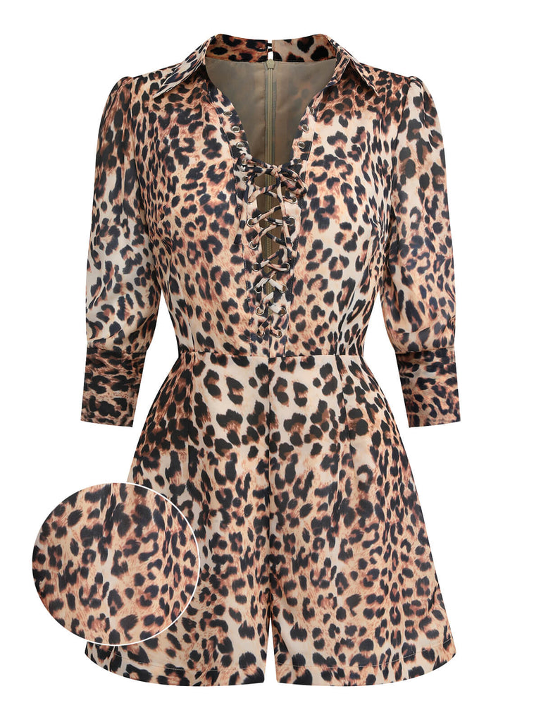 2PCS Tuta corta con revers leopardo e gonna cachi anni '50