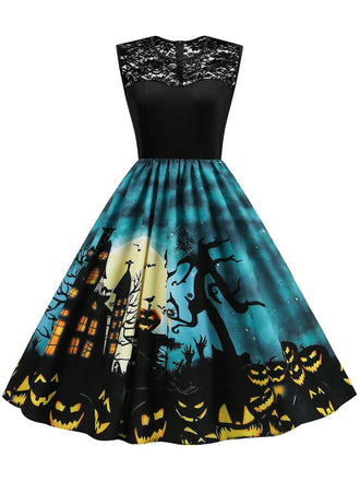 Abito in pizzo patchwork Halloween blu anni '50