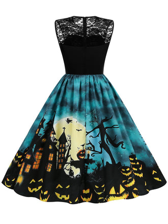 Abito in pizzo patchwork Halloween blu anni '50