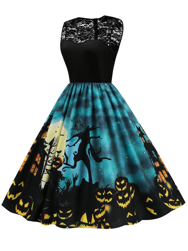 Abito in pizzo patchwork Halloween blu anni '50